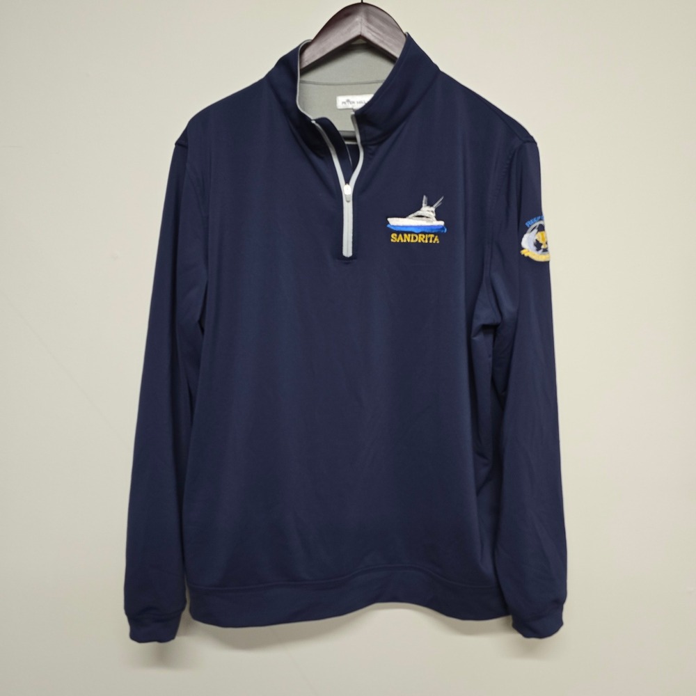 Peter Millar Perth Quarter Zip Pullover Mens L Navy Poly Blend Reef Cup Yachting